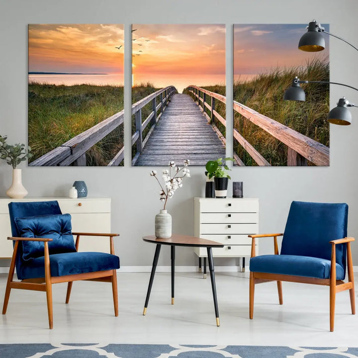 Sunset Lakeside Wooden Pier Framed Ready to Hang Large Wall Art Canvas Print