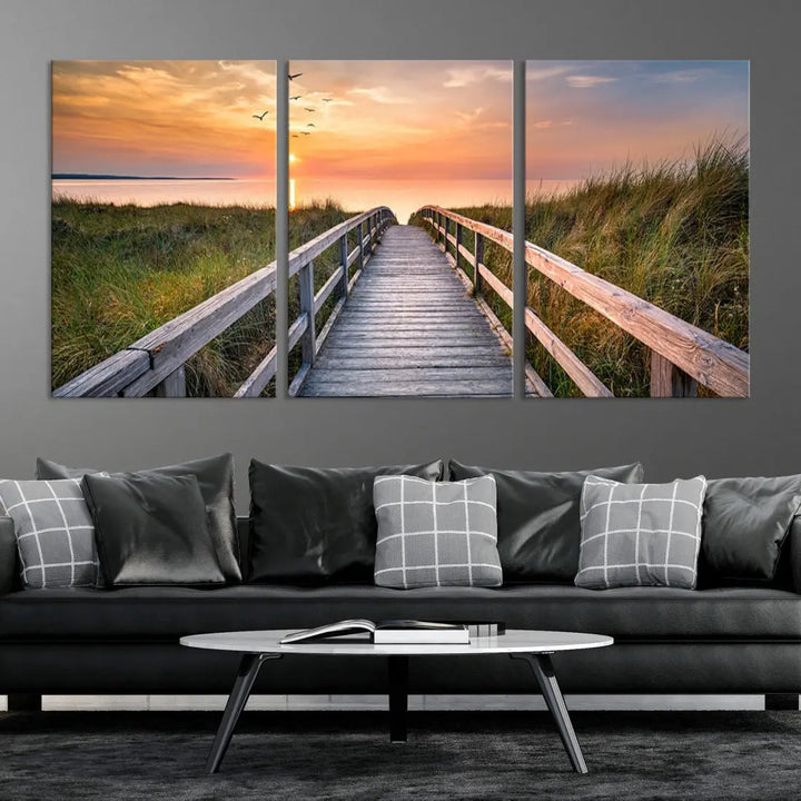 Sunset Lakeside Wooden Pier Framed Ready to Hang Large Wall Art Canvas Print