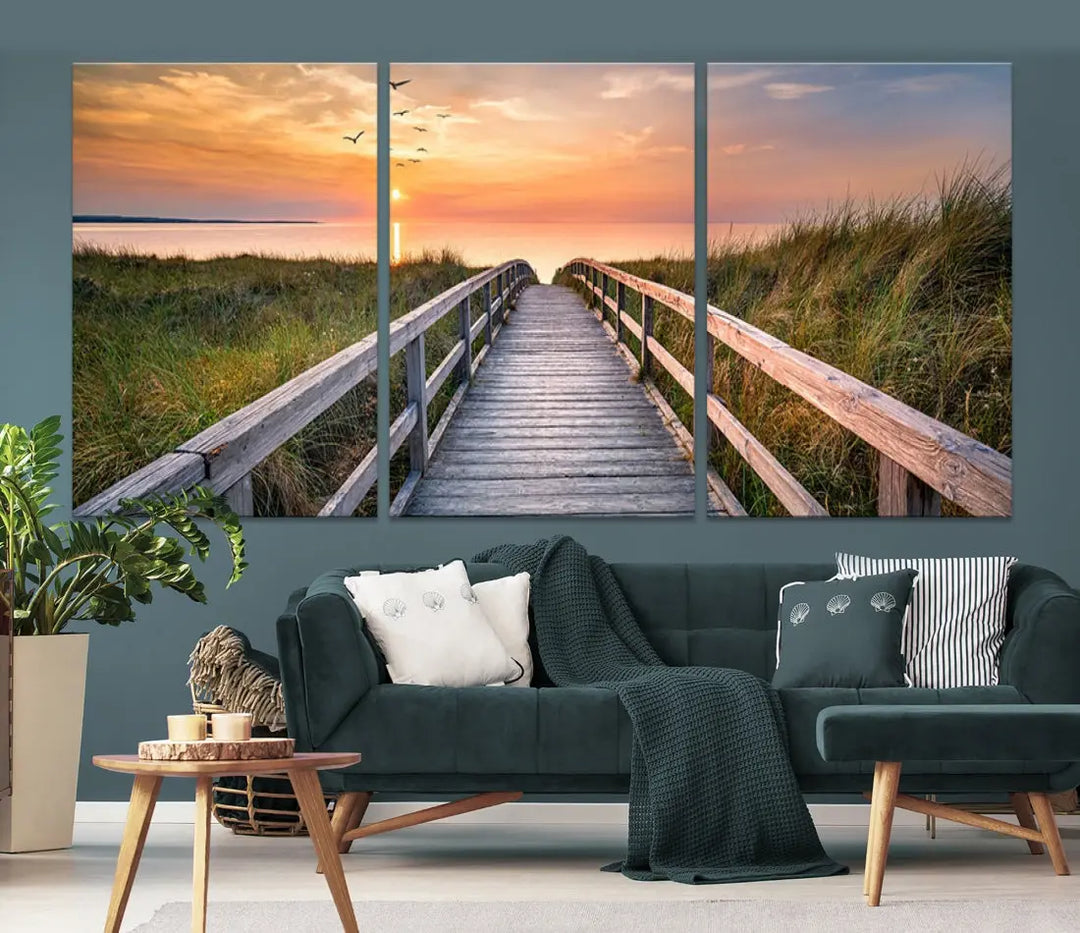 Sunset Lakeside Wooden Pier Framed Ready to Hang Large Wall Art Canvas Print