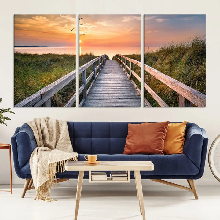 Sunset Lakeside Wooden Pier Framed Ready to Hang Large Wall Art Canvas Print