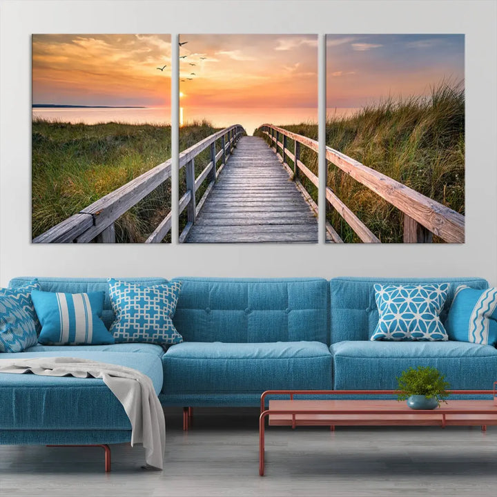 Sunset Lakeside Wooden Pier Framed Ready to Hang Large Wall Art Canvas Print