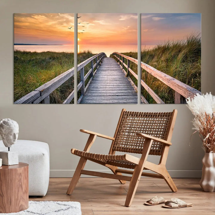 Sunset Lakeside Wooden Pier Framed Ready to Hang Large Wall Art Canvas Print