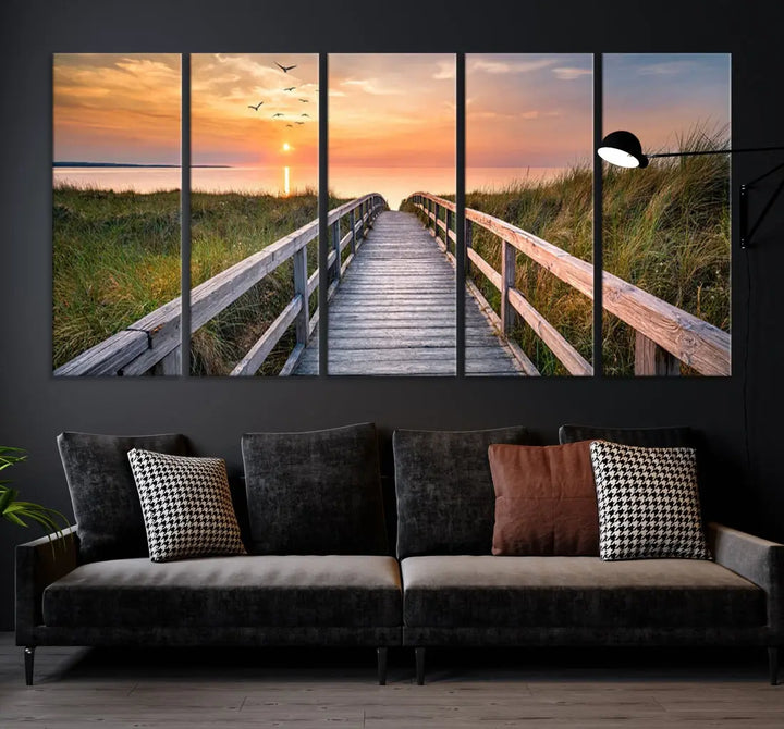 Sunset Lakeside Wooden Pier Framed Ready to Hang Large Wall Art Canvas Print