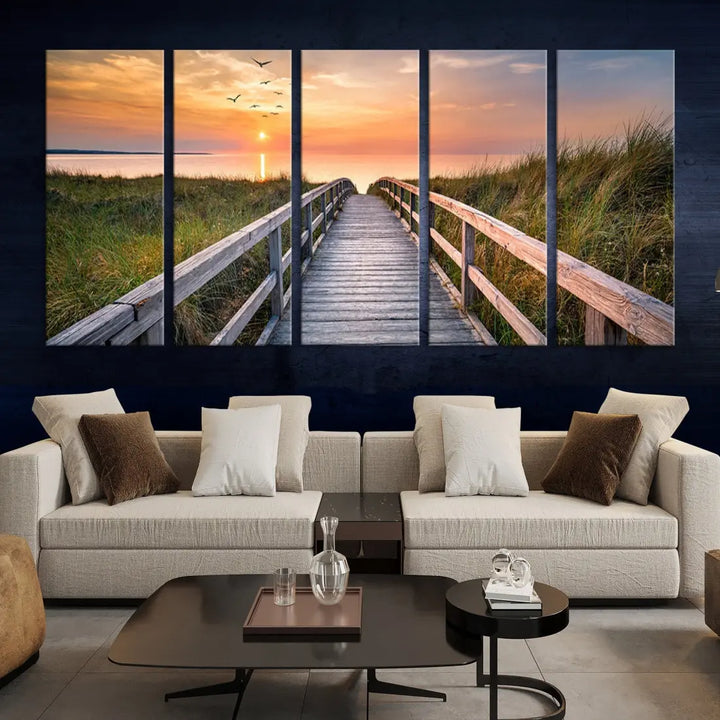 Sunset Lakeside Wooden Pier Framed Ready to Hang Large Wall Art Canvas Print