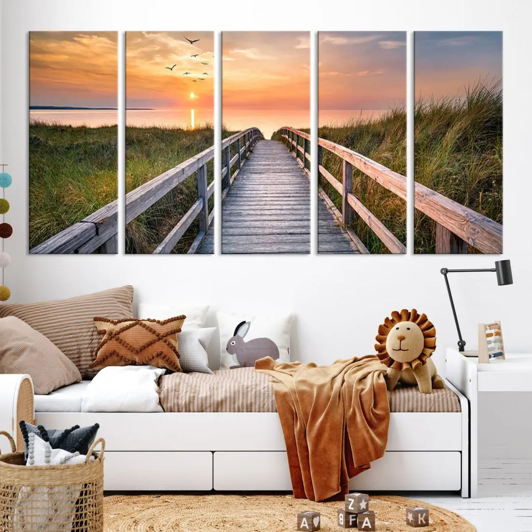 Sunset Lakeside Wooden Pier Framed Ready to Hang Large Wall Art Canvas Print