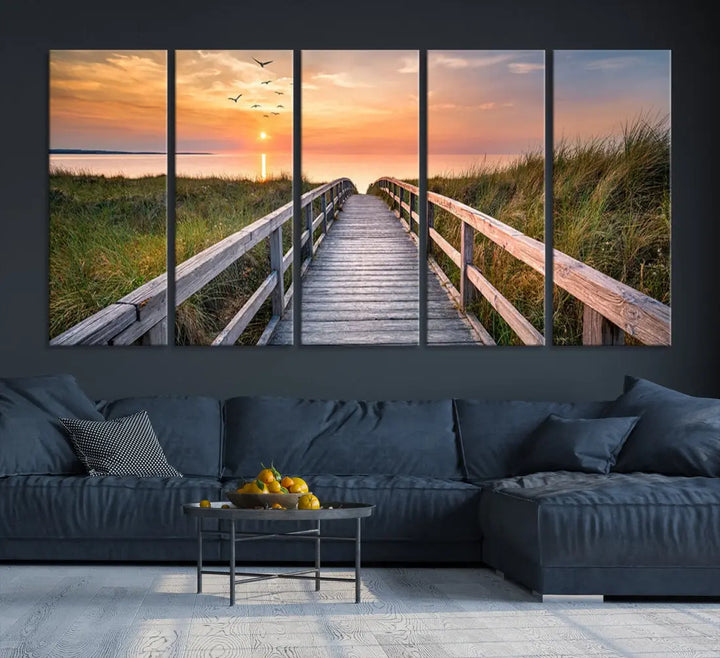 Sunset Lakeside Wooden Pier Framed Ready to Hang Large Wall Art Canvas Print