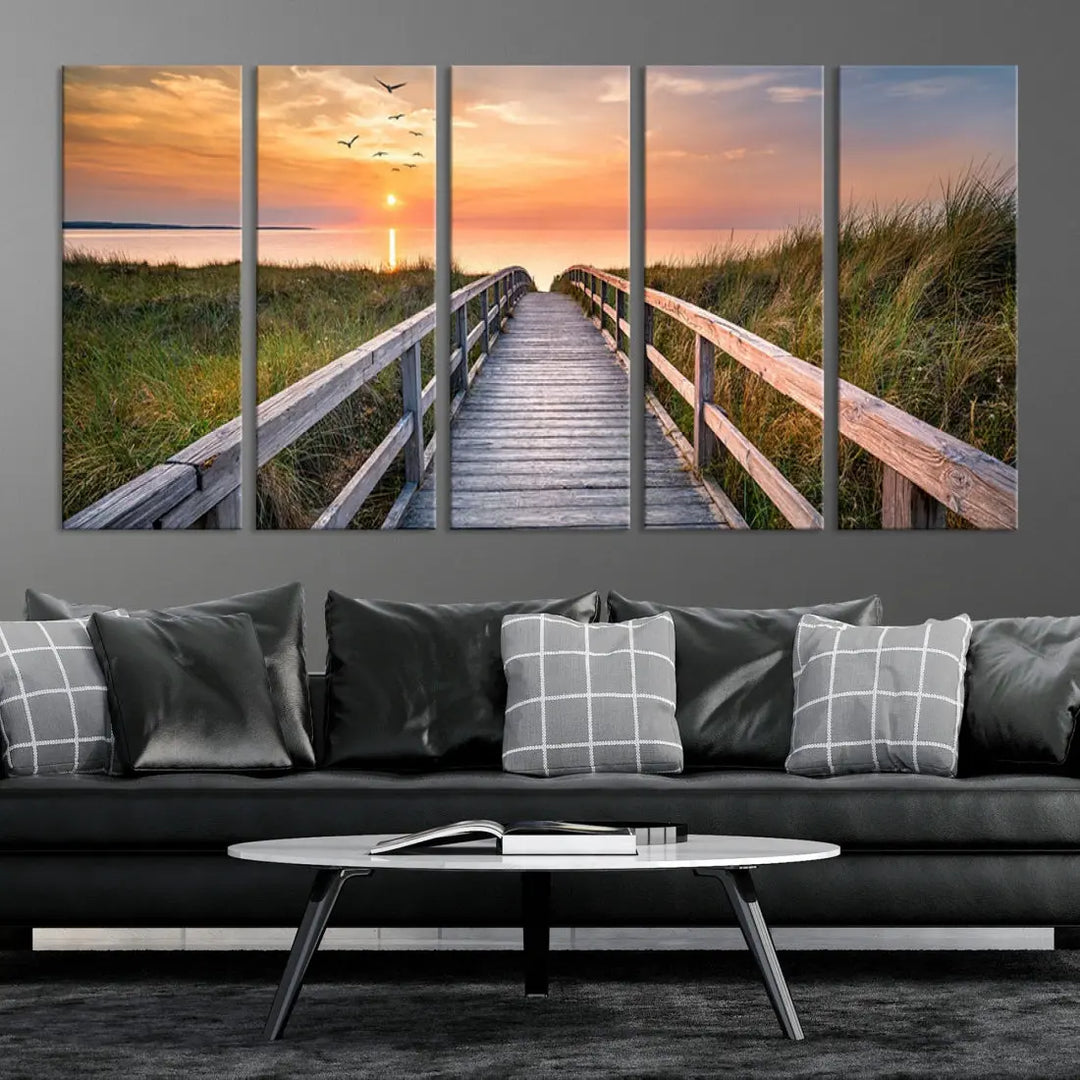 Sunset Lakeside Wooden Pier Framed Ready to Hang Large Wall Art Canvas Print