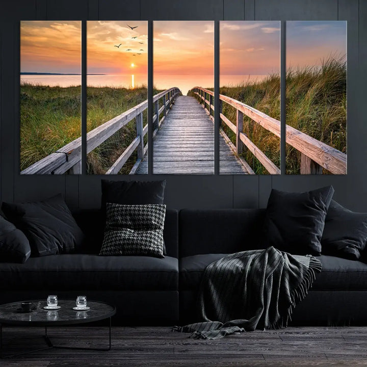 Sunset Lakeside Wooden Pier Framed Ready to Hang Large Wall Art Canvas Print