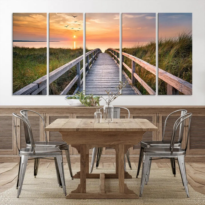 Sunset Lakeside Wooden Pier Framed Ready to Hang Large Wall Art Canvas Print