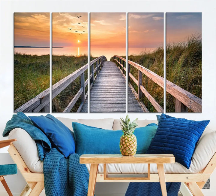 Sunset Lakeside Wooden Pier Framed Ready to Hang Large Wall Art Canvas Print