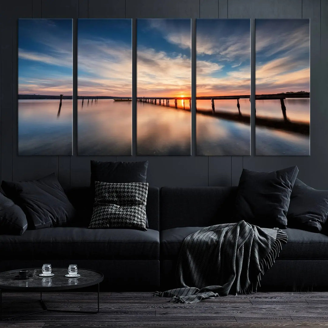 Sunset Over Pier Canvas Wall Art Print - Serene Ocean Sunset Landscape for Living Room, Large 3 Panel Seaside Wall Decor