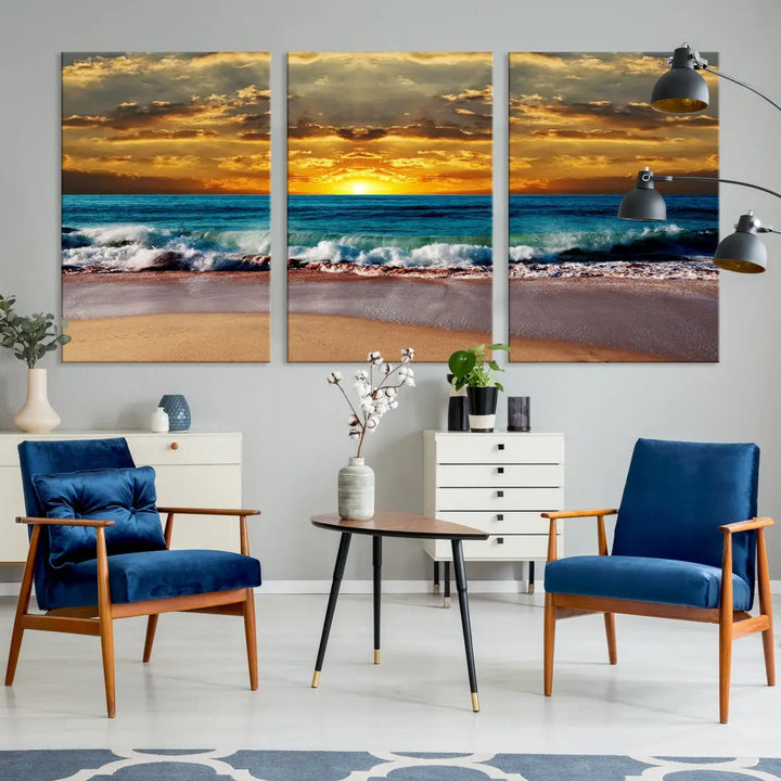 Sunset Seascape View Beach Canvas Print Coastal Wall Art for Living Room Decor