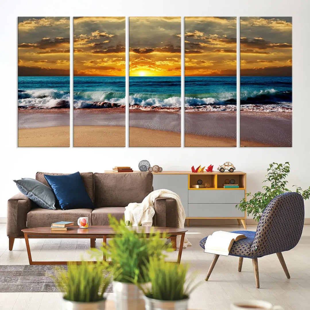 Sunset Seascape View Beach Canvas Print Coastal Wall Art for Living Room Decor