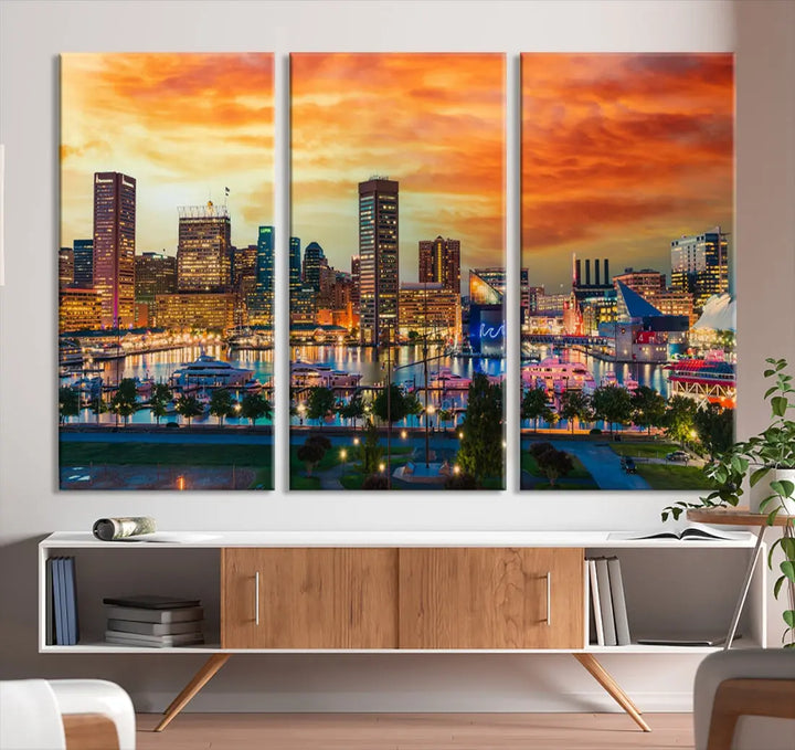 Sunset over Baltimore City Skyline Canvas Wall Art Large Cityscape Print