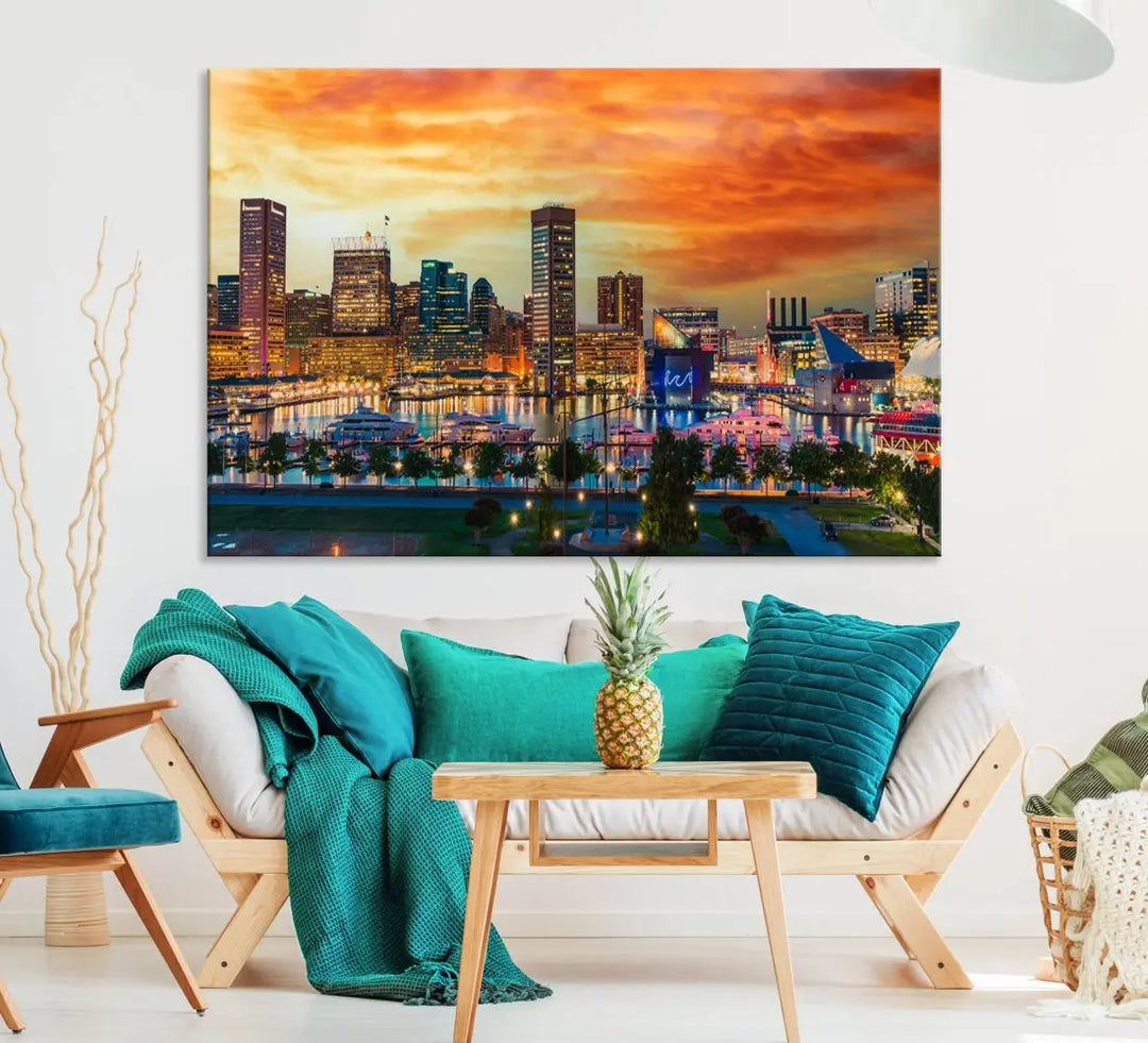 Sunset over Baltimore City Skyline Canvas Wall Art Large Cityscape Print