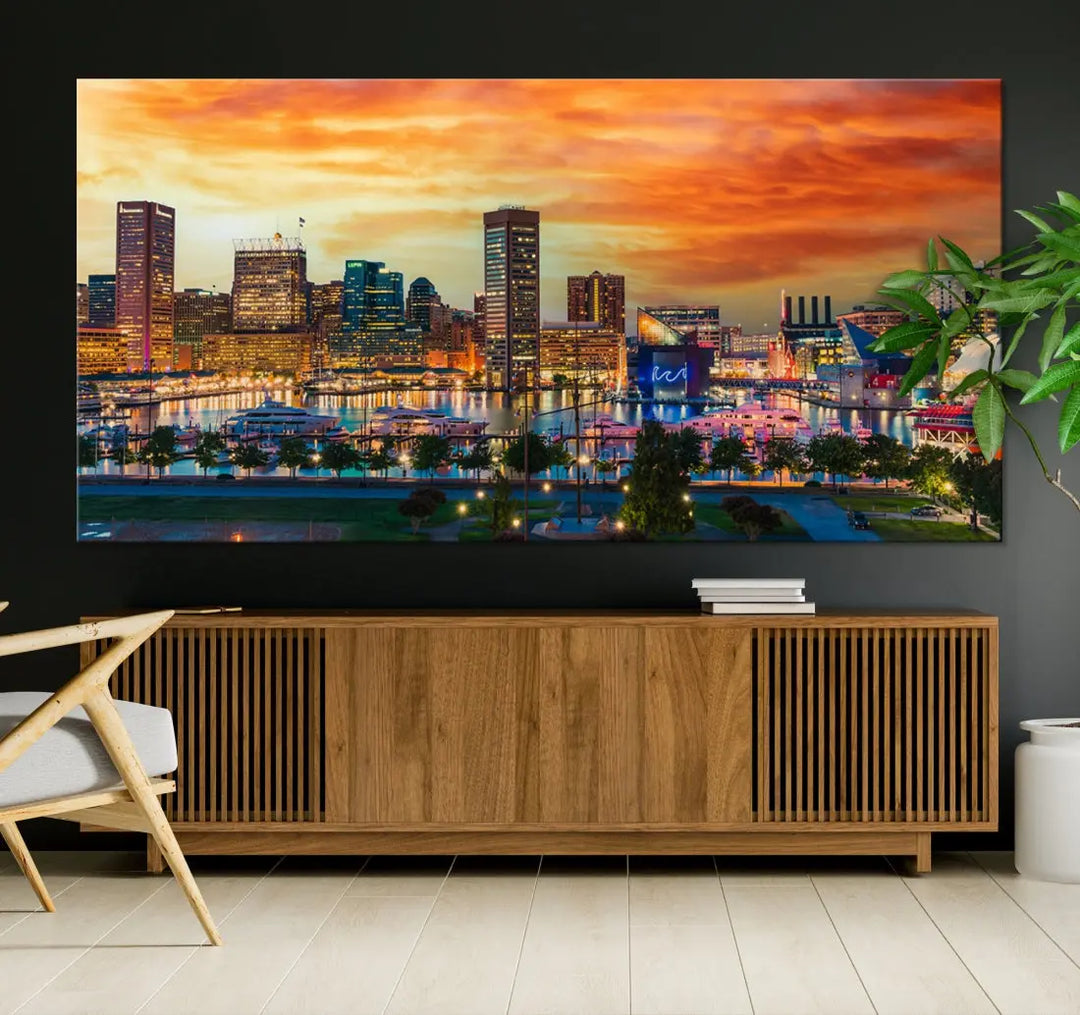 Sunset over Baltimore City Skyline Canvas Wall Art Large Cityscape Print