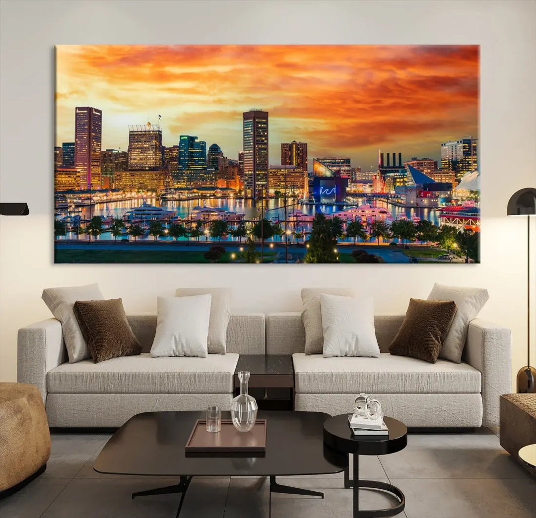 Sunset over Baltimore City Skyline Canvas Wall Art Large Cityscape Print