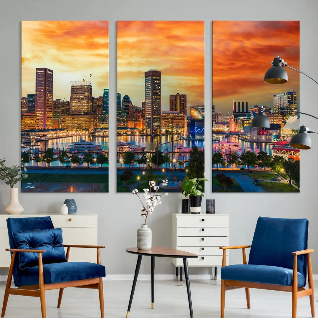 Sunset over Baltimore City Skyline Canvas Wall Art Large Cityscape Print