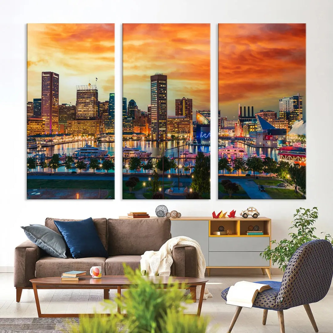 Sunset over Baltimore City Skyline Canvas Wall Art Large Cityscape Print