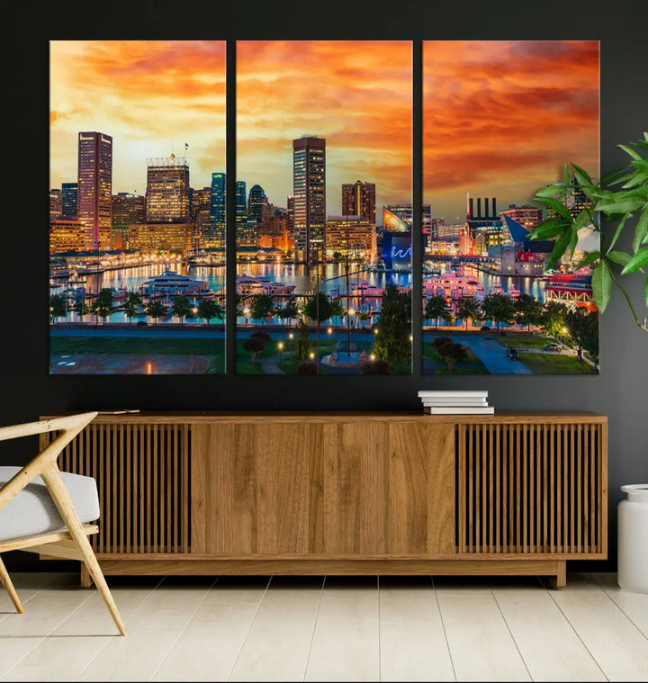 Sunset over Baltimore City Skyline Canvas Wall Art Large Cityscape Print