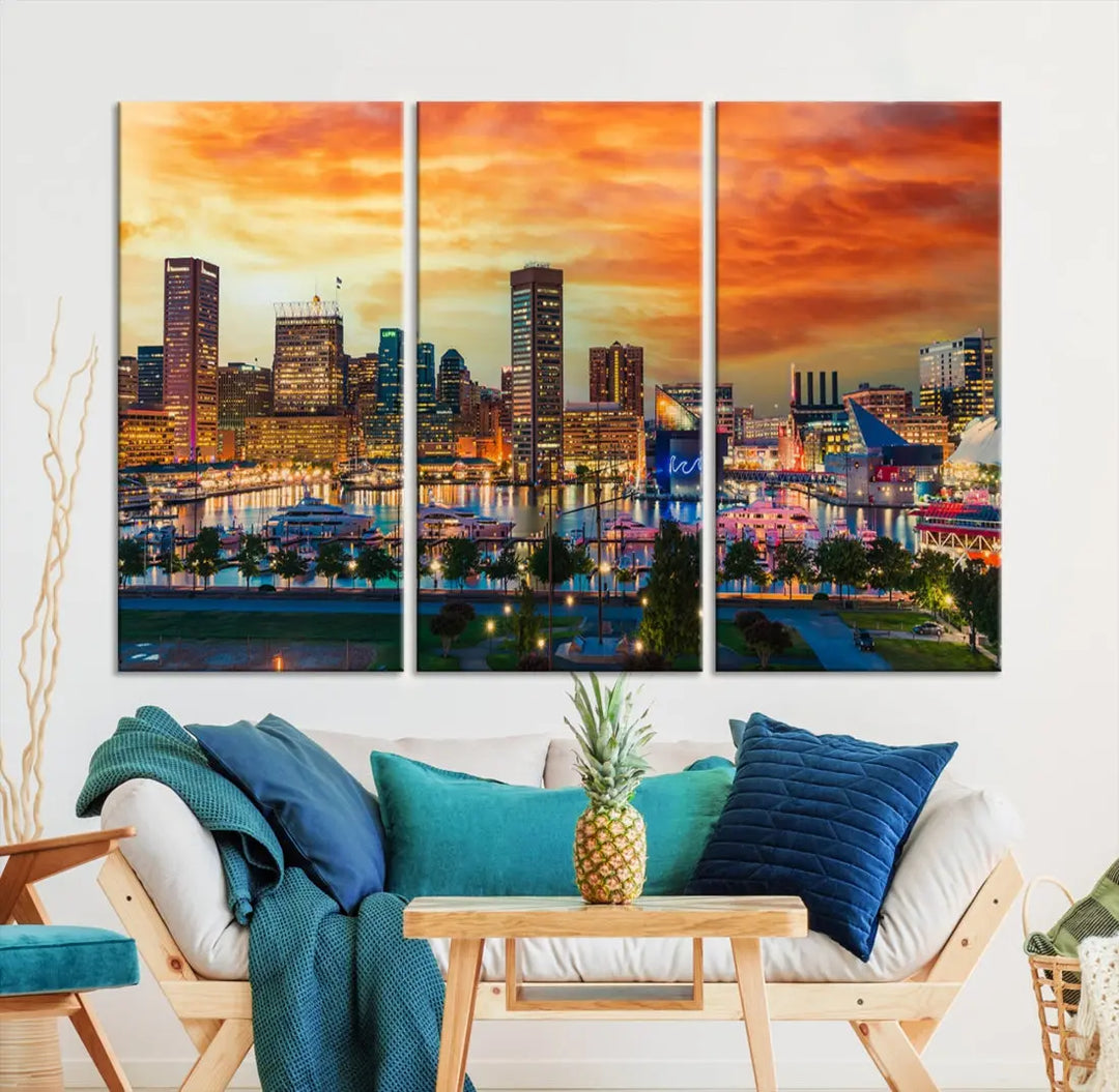 Sunset over Baltimore City Skyline Canvas Wall Art Large Cityscape Print