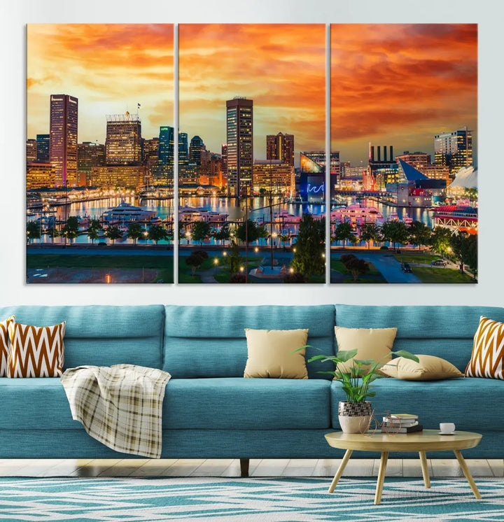 Sunset over Baltimore City Skyline Canvas Wall Art Large Cityscape Print