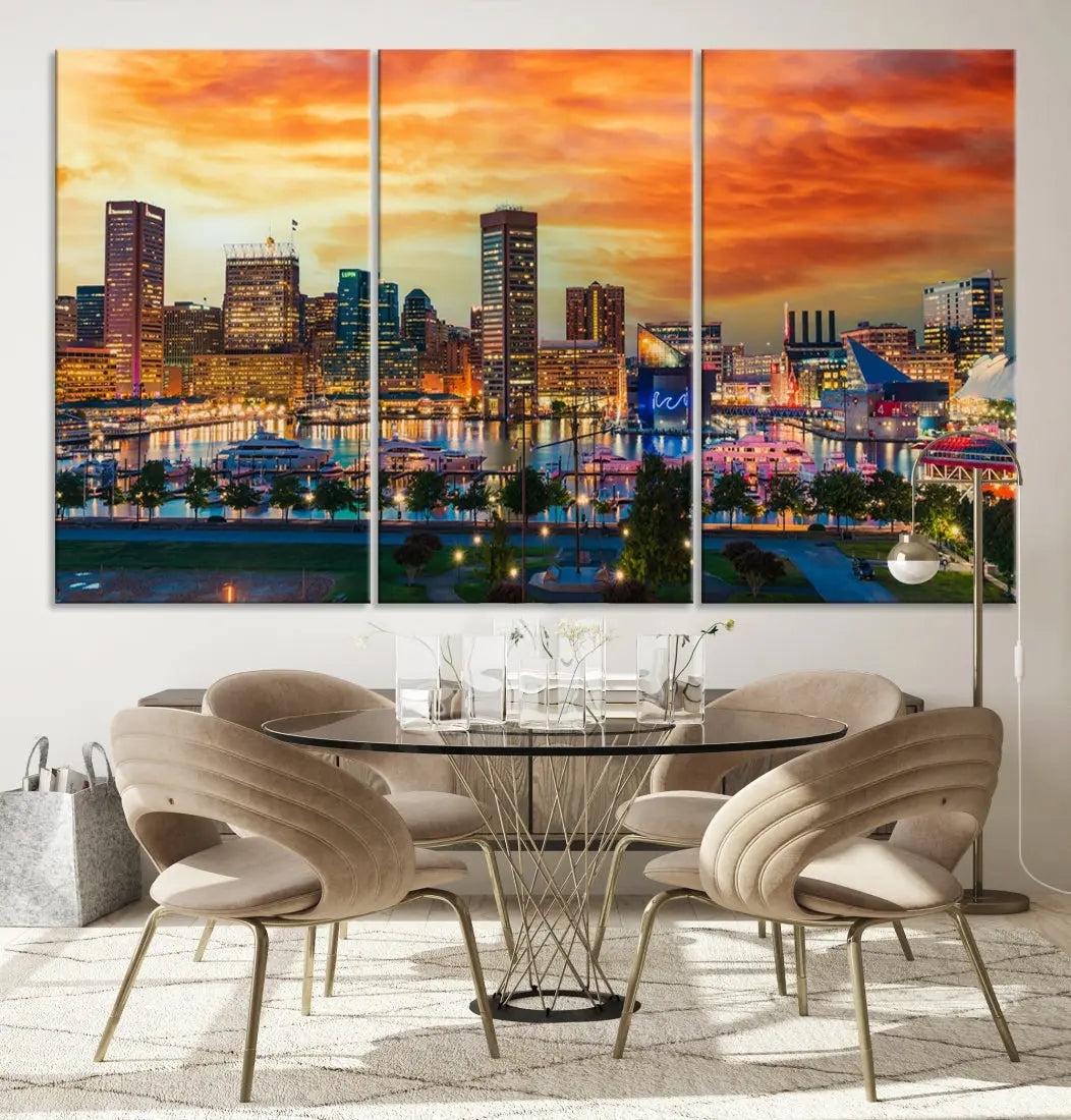 Sunset over Baltimore City Skyline Canvas Wall Art Large Cityscape Print