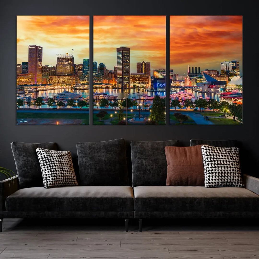 Sunset over Baltimore City Skyline Canvas Wall Art Large Cityscape Print