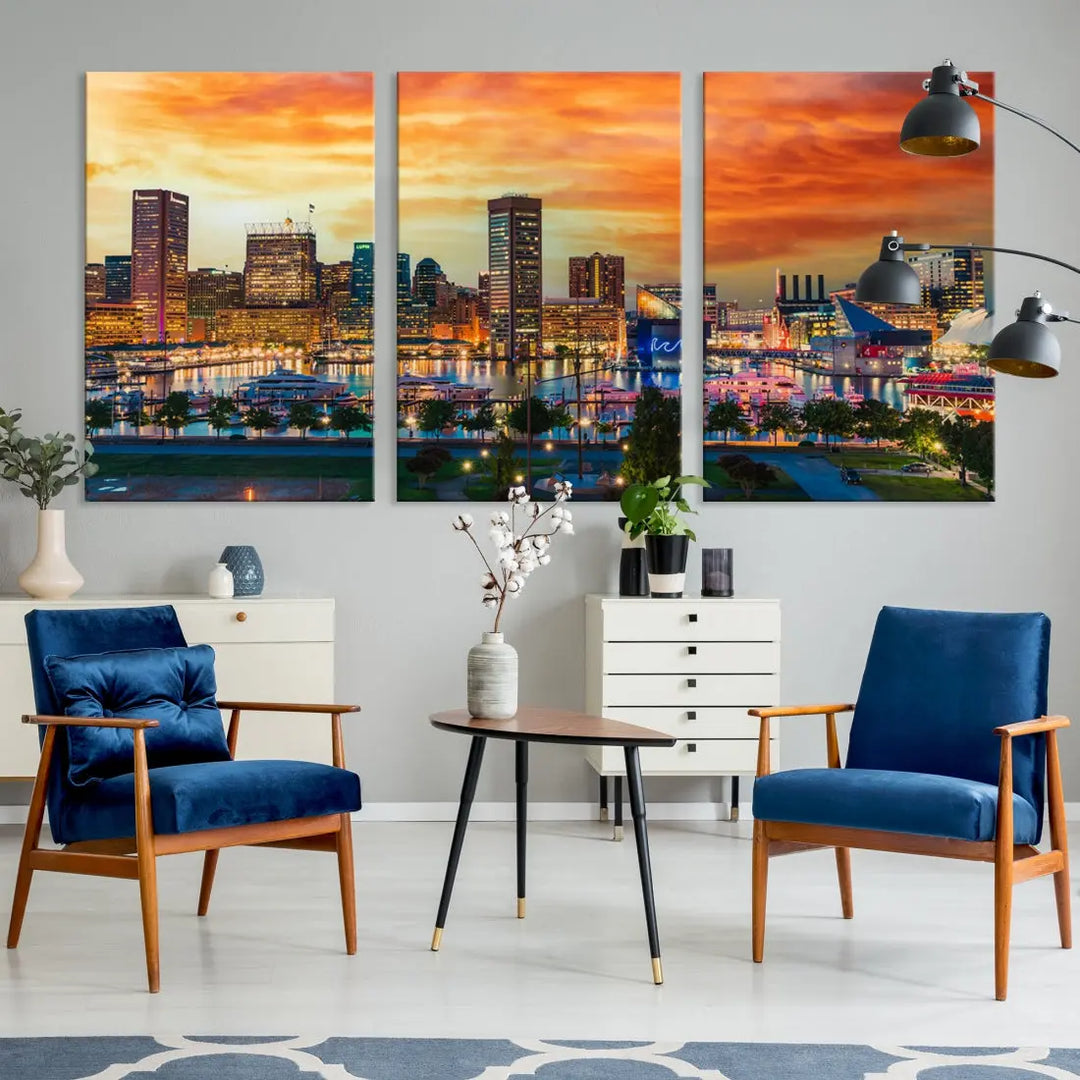 Sunset over Baltimore City Skyline Canvas Wall Art Large Cityscape Print