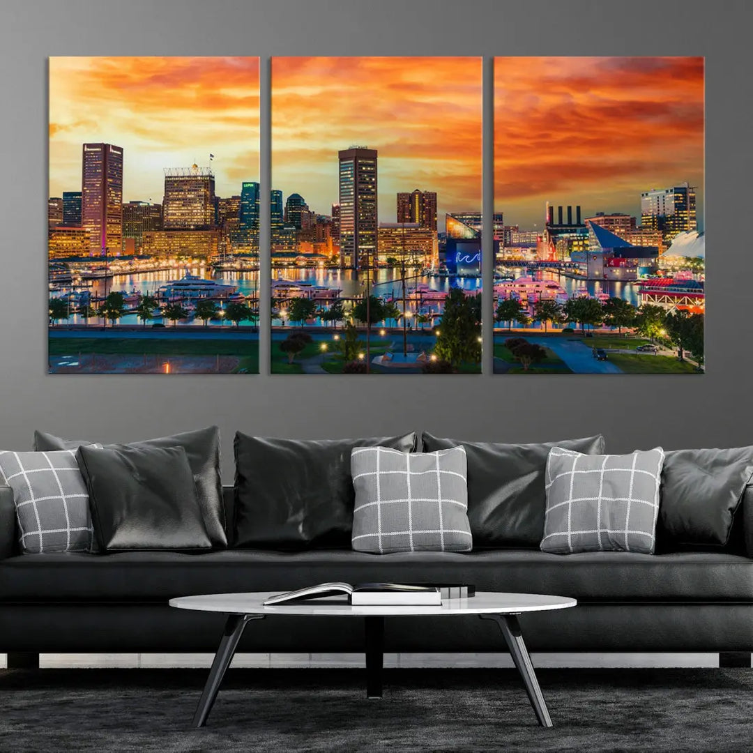 Sunset over Baltimore City Skyline Canvas Wall Art Large Cityscape Print