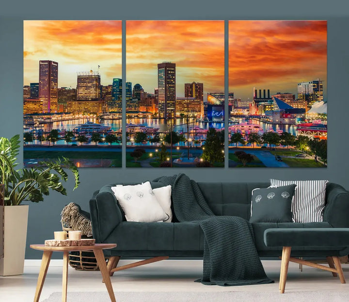 Sunset over Baltimore City Skyline Canvas Wall Art Large Cityscape Print