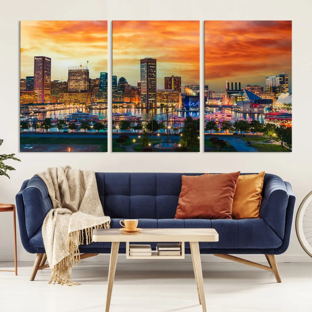 Sunset over Baltimore City Skyline Canvas Wall Art Large Cityscape Print