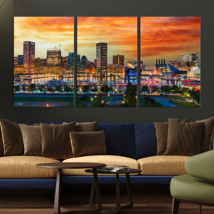 Sunset over Baltimore City Skyline Canvas Wall Art Large Cityscape Print