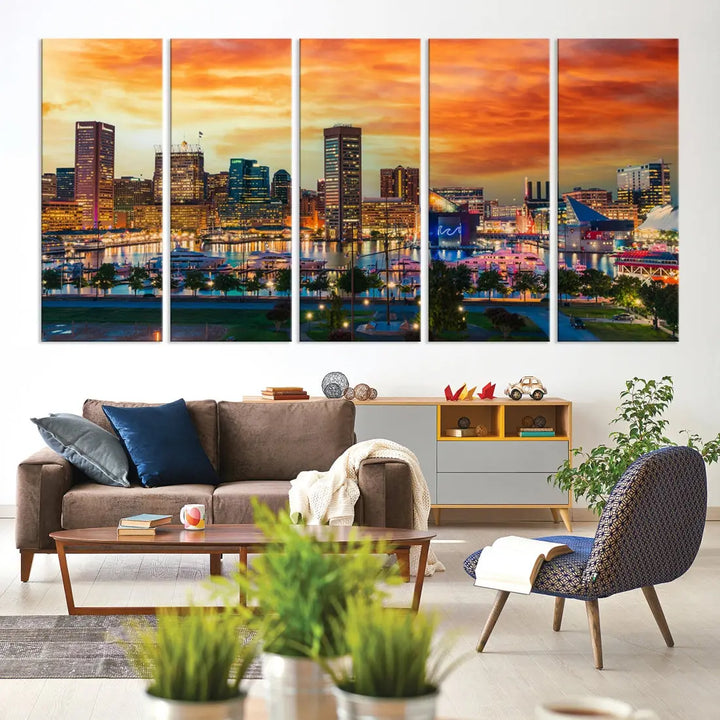 Sunset over Baltimore City Skyline Canvas Wall Art Large Cityscape Print