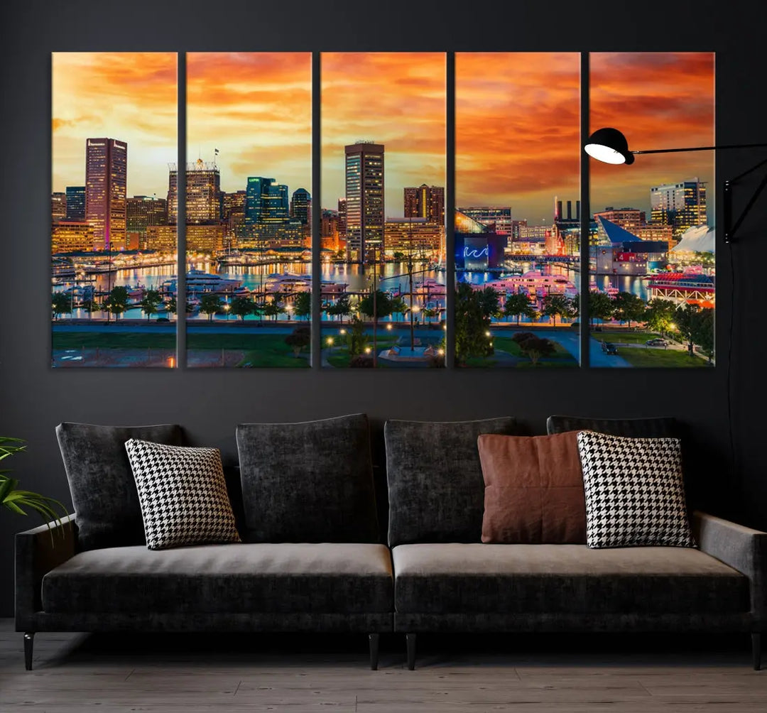 Sunset over Baltimore City Skyline Canvas Wall Art Large Cityscape Print