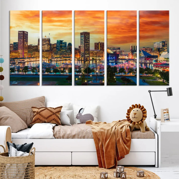 Sunset over Baltimore City Skyline Canvas Wall Art Large Cityscape Print