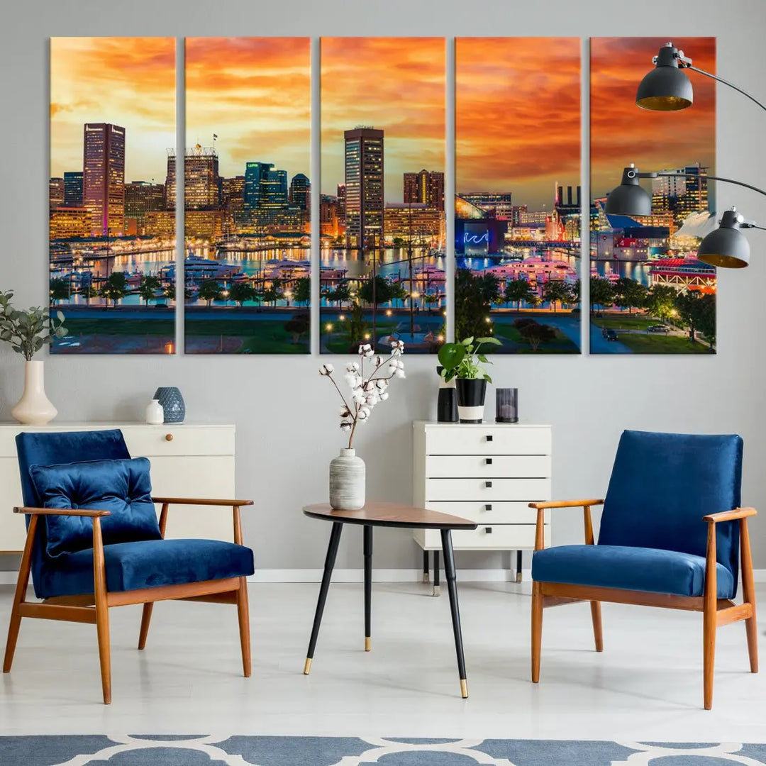 Sunset over Baltimore City Skyline Canvas Wall Art Large Cityscape Print