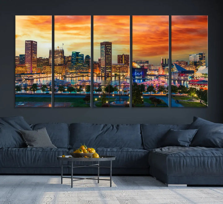 Sunset over Baltimore City Skyline Canvas Wall Art Large Cityscape Print