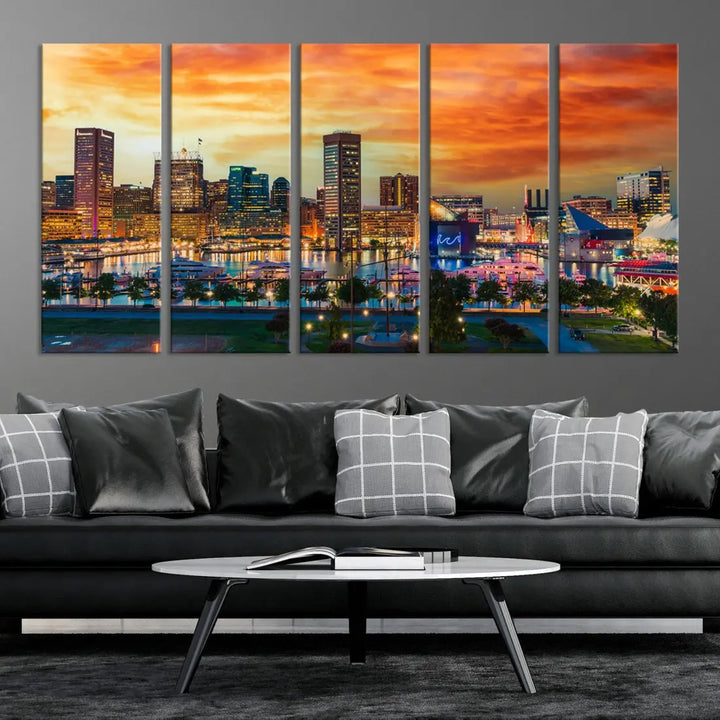 Sunset over Baltimore City Skyline Canvas Wall Art Large Cityscape Print