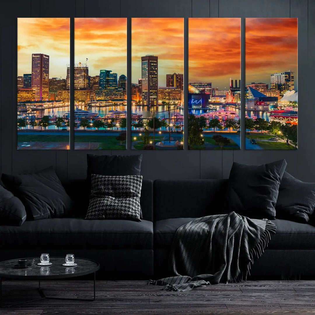 Sunset over Baltimore City Skyline Canvas Wall Art Large Cityscape Print