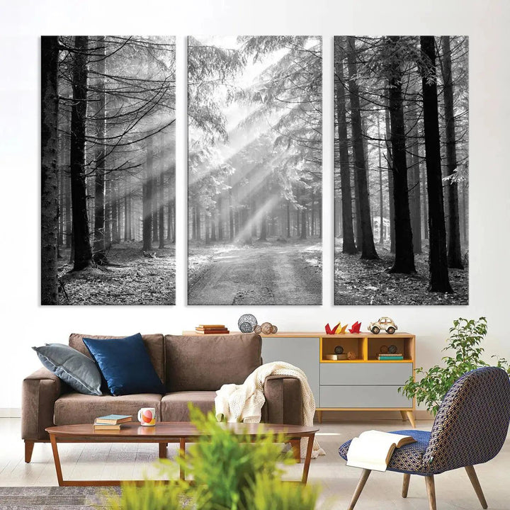 Sunshine in Forest Canvas Print Black and White Nature Wall Art Tree Artwork