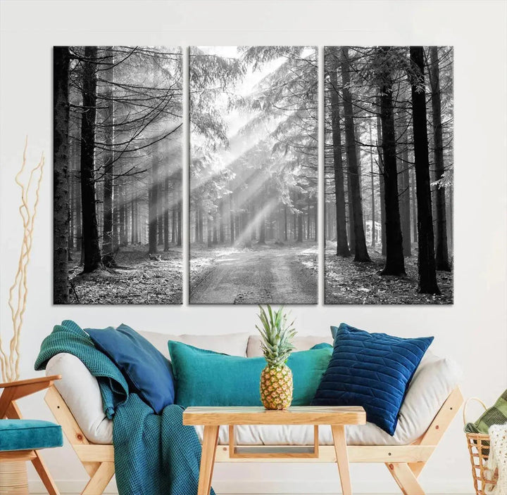 Sunshine in Forest Canvas Print Black and White Nature Wall Art Tree Artwork