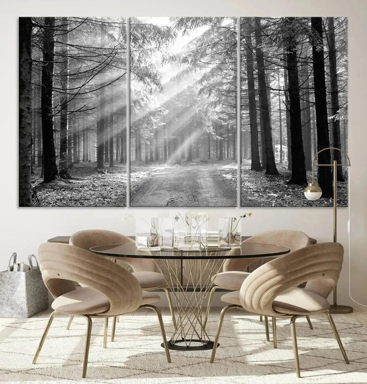 Sunshine in Forest Canvas Print Black and White Nature Wall Art Tree Artwork