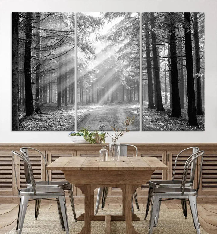 Sunshine in Forest Canvas Print Black and White Nature Wall Art Tree Artwork