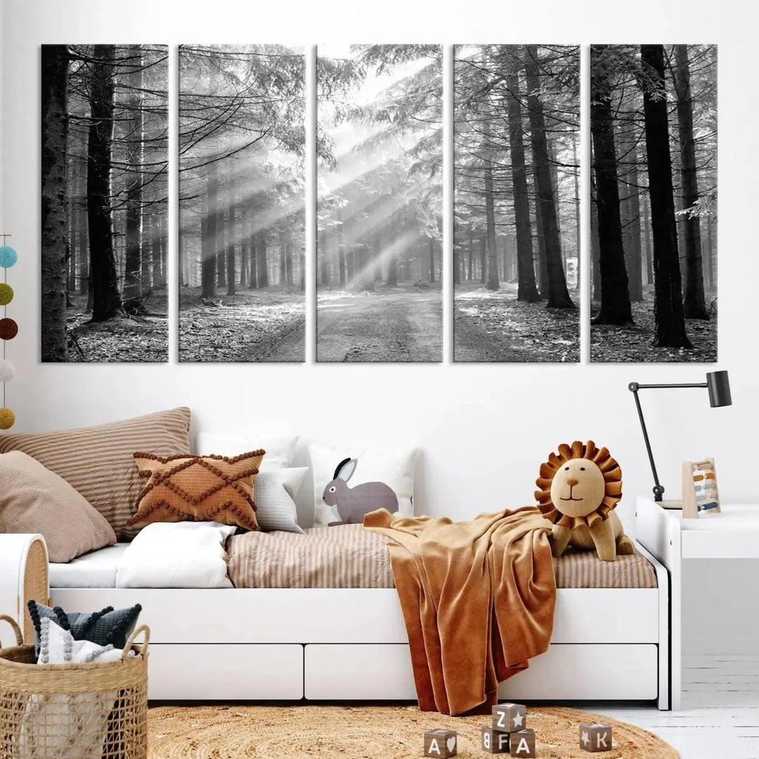 Sunshine in Forest Canvas Print Black and White Nature Wall Art Tree Artwork