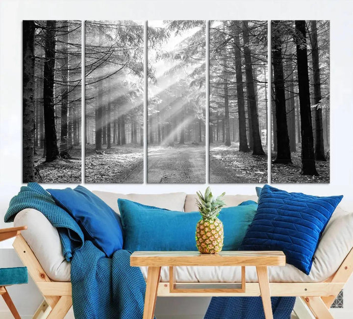 Sunshine in Forest Canvas Print Black and White Nature Wall Art Tree Artwork