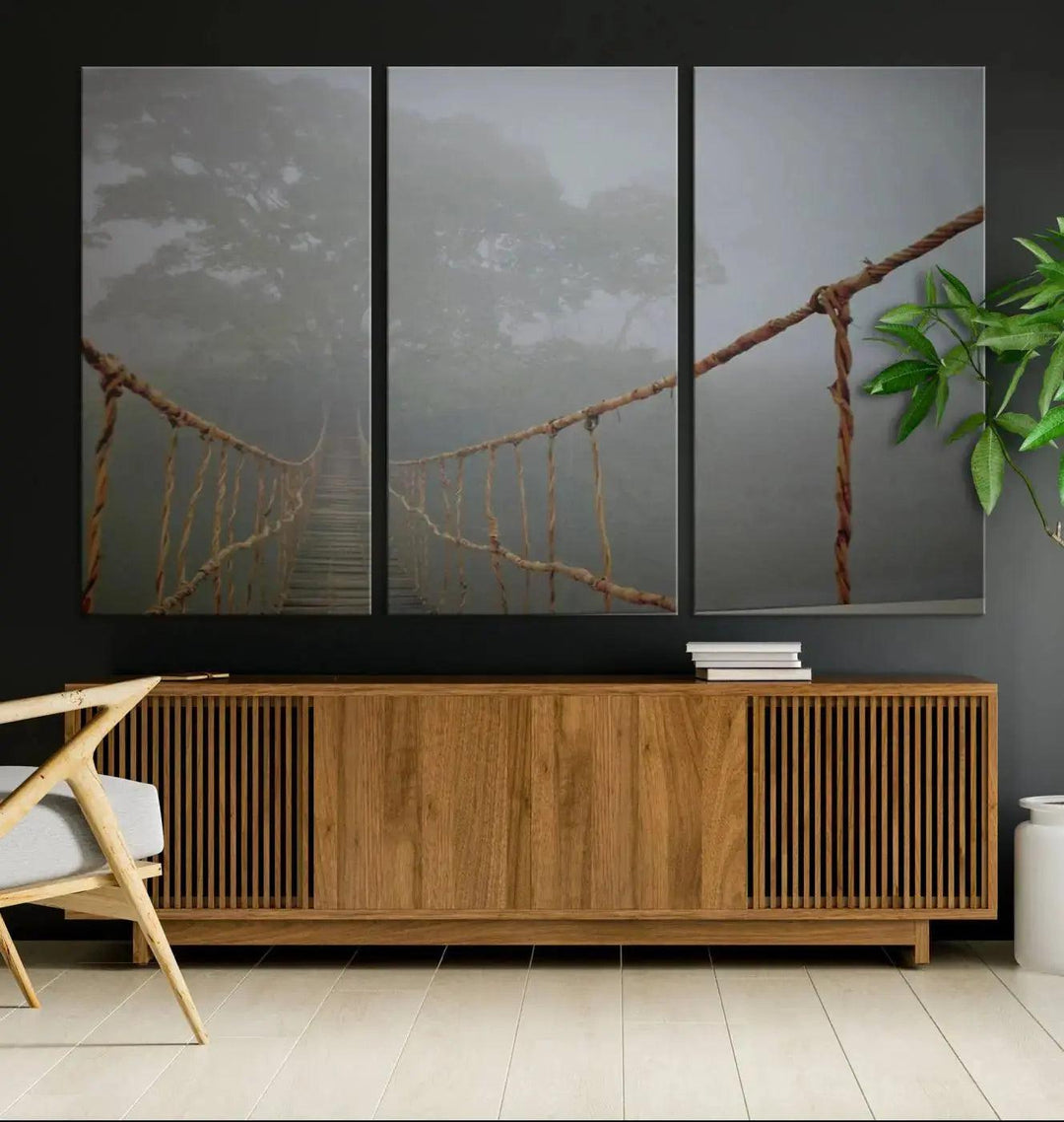 Swinging Drawbridge in Foggy Forest Extra Large Canvas Wall Art Giclee Print