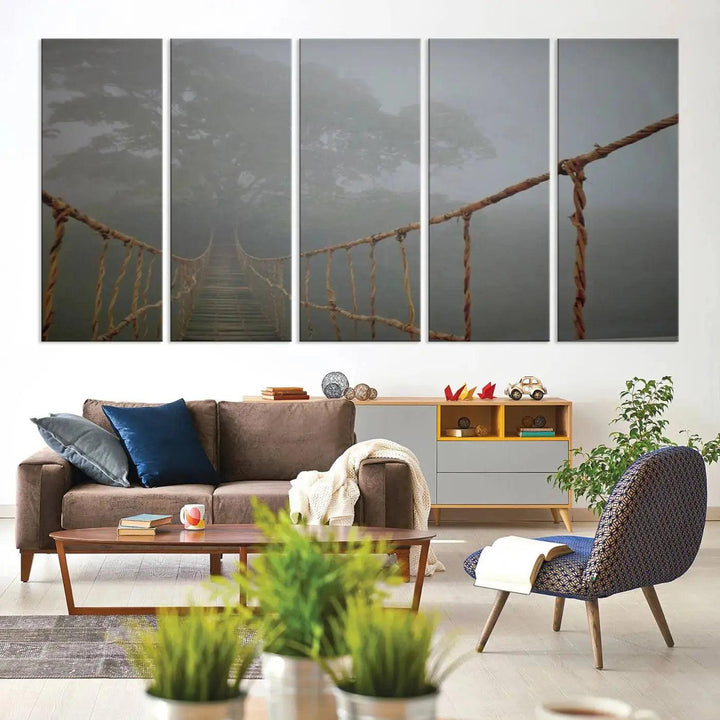 Swinging Drawbridge in Foggy Forest Extra Large Canvas Wall Art Giclee Print