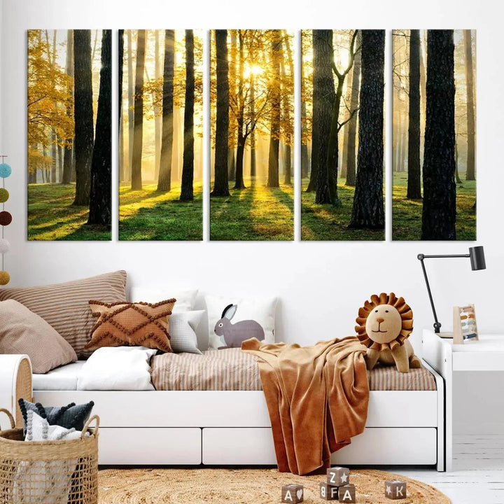 Tall Trees in Forest at Sunset Large Wall Art Landscape Canvas Print