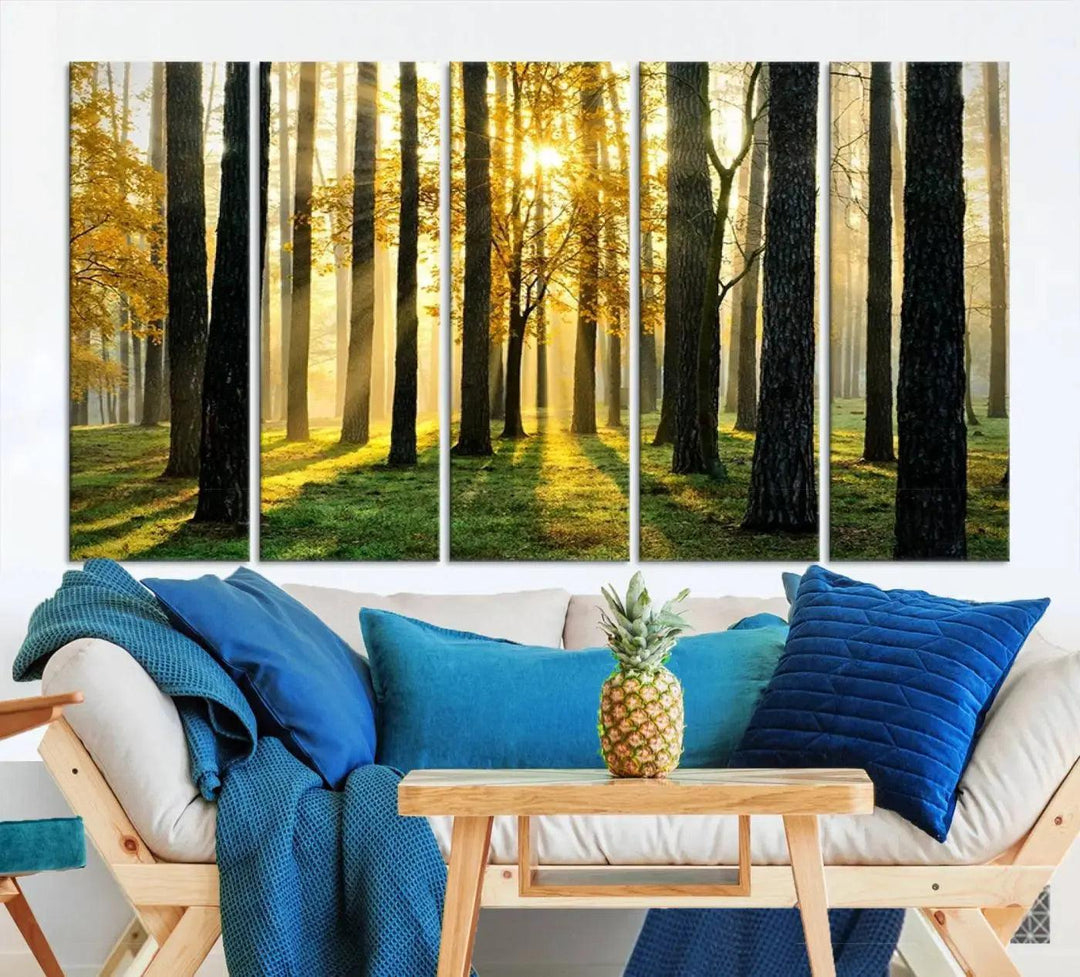 Tall Trees in Forest at Sunset Large Wall Art Landscape Canvas Print